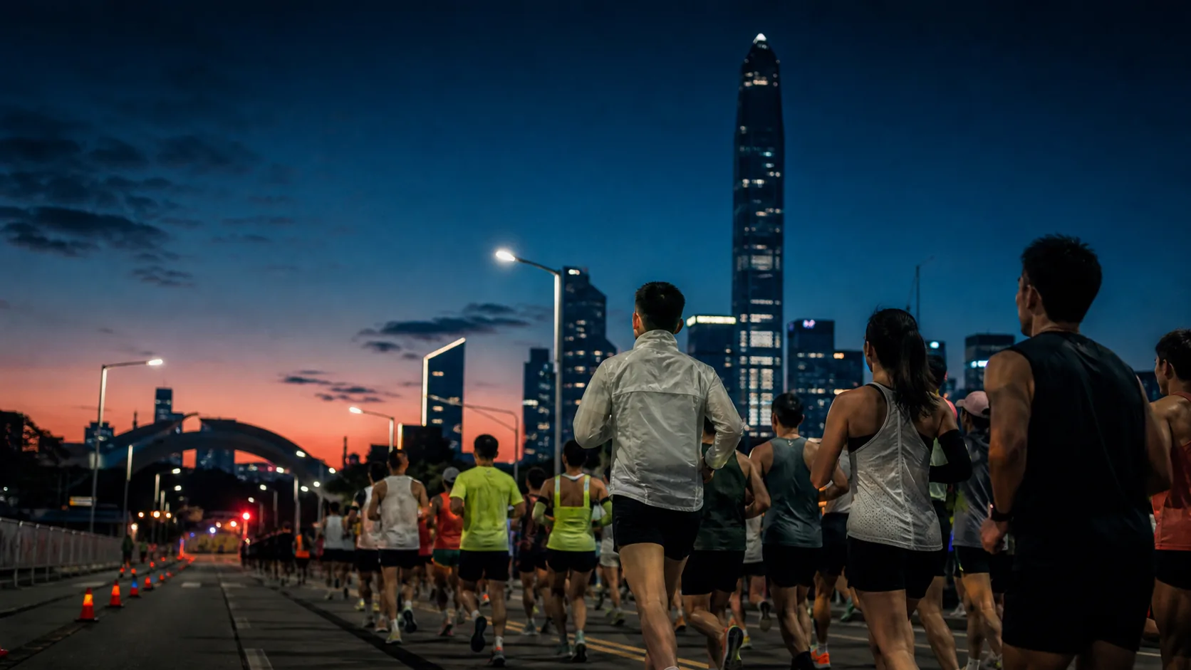 長跑跑手在日出前穿過城市
